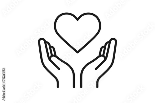 Heart in hands icon. Charity, donation, and volunteering symbol. Health care and love concept. Metaphor for kindness, support, and hope. Linear vector illustration.
