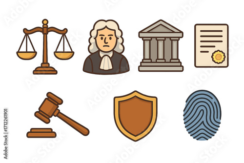 Law and justice icon set. Vector cartoon graphics of scales, judge, courthouse, document, gavel, shield, fingerprint. For legal concepts like court, crime, law, and punishment.