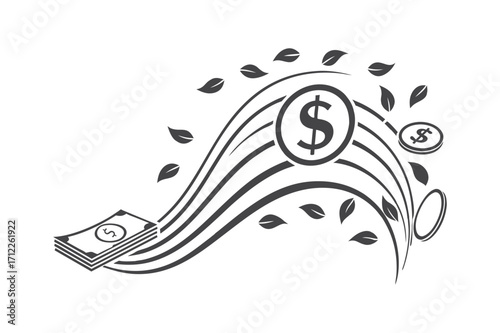 Flowing lines with money and leaves on black background