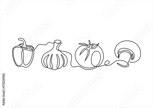 Line Art Vegetables Pepper, Garlic, Tomato, and Mushroom. line icon-continuous line drawing. Editable stroke. 
