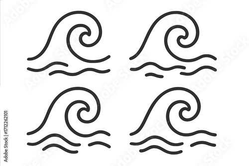 Wave line icon set. Simple ocean water swirl symbol collection. Linear sea surf logo element. Minimalist decorative outline ornament for graphic design. Vector illustration.