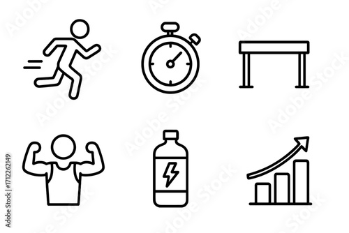 Set of linear fitness and sport icons. Vector illustration of a running man, stopwatch for speed, hurdle for competition, strong athlete, energy drink, and progress chart.