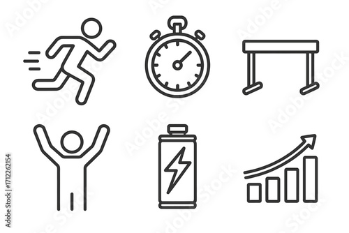 Fitness and sport linear icons set. Running man, stopwatch timer, hurdle race, winner athlete, energy drink, progress chart. Workout, training, competition, success vector symbols.