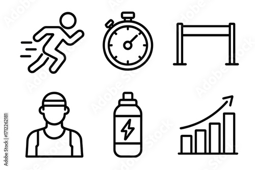Set of linear fitness icons. Running man, stopwatch, hurdle race, athlete, energy drink, progress chart. Vector concept for sport, workout, health, competition, success.