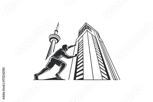 Man Pushing Tall Building with Tower in Background