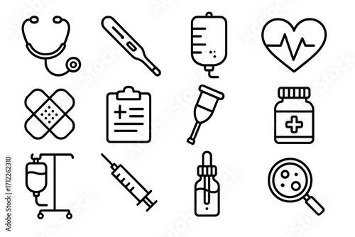 Medical icon set. Healthcare and medicine symbols. Hospital, clinic, pharmacy outline icons. Stethoscope, syringe, pills, first aid. Diagnostics and treatment vector signs.