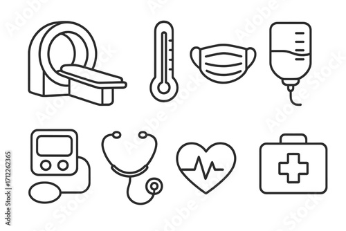Healthcare and medicine line icon set. Medical equipment symbols for hospital and clinic. MRI, vital signs, cardiology, first aid, diagnostics and treatment vector icons.