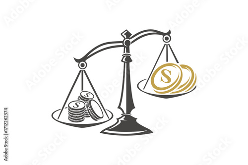 Scales of Justice with Coins and Letter S Symbol balance