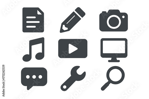 Set of black minimalist icons for digital tools. UI UX glyphs for web and mobile applications. Vector signs for file, edit, camera, music, video, search, and settings.