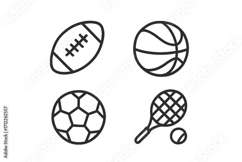 Minimalist black outline icon set of popular sports equipment. Vector line art collection with American football, basketball, soccer ball, and tennis racket symbols.