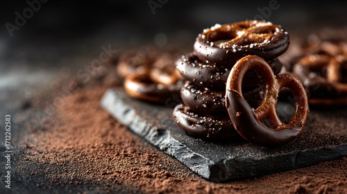 Chocolate-dipped pretzels on slate board, moody dark background, scattered cocoa powder, dramatic light, copy space left