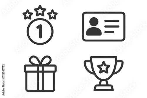 Minimalist icon set with points, membership card, rewards, gift box, and trophy symbols, vector cartoon illustration for loyalty programs, achievements, and rewards concept
