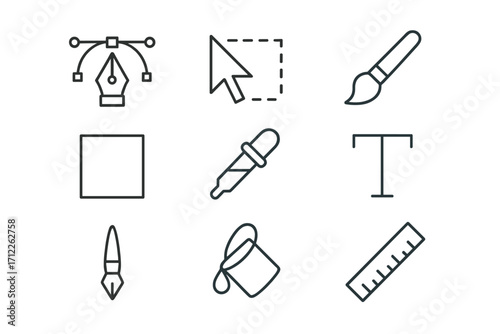 Minimalist linear icon set for graphic design tools, vector cartoon illustration with transparent background, editing software symbols, creative design essentials, ordered collection