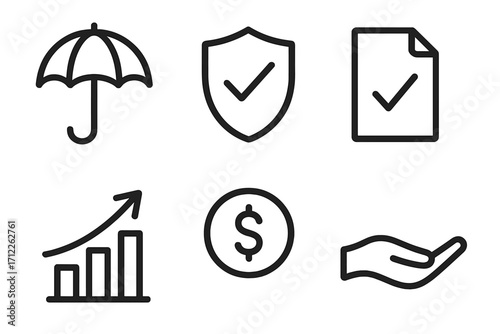 Minimalist insurance icons set with umbrella, shield, claim document, growth chart, coin dollar symbol, and helping hand vector illustration for financial protection and support concepts