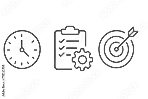 Minimalist linear icons set representing time management, productivity planning, and goal achievement with clock, checklist, and target arrow symbols for business efficiency and organization