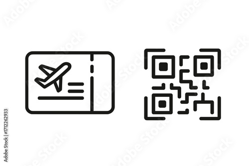 Minimalist travel icons set with boarding pass and QR code vector design, simple monochrome illustration, transparent background, airport ticket and digital scan concept