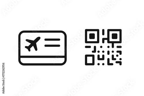 Minimalist travel boarding pass and QR code icons set, vector cartoon illustration with transparent background, modern airplane ticket symbols, digital travel design elements