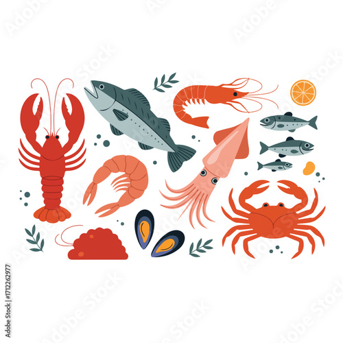 Seafood, lobster, crab, shrimp, fish, squid