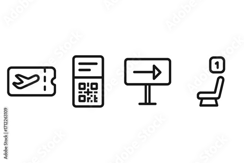 Minimalistic flight ticket icon, boarding pass with QR code, airport gate direction sign, and airplane seat number vector illustration set, transparent background, travel and transportation symbols
