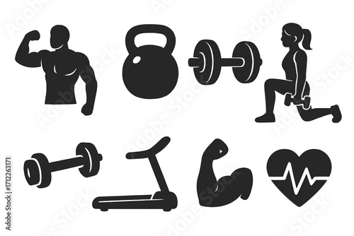 Modern fitness icons monochrome silhouette set for gym and exercise, vector cartoon illustration with weights, kettlebell, treadmill, muscular arm, heart rate, and workout poses