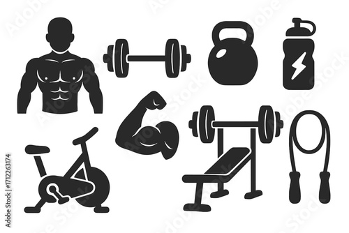 Modern fitness icons set in monochrome silhouette style for gym, exercise, bodybuilding, strength training, cycling, weightlifting, and cardio workout, vector cartoon illustration