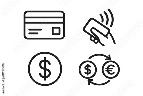 Modern financial icon set featuring contactless payment, credit card, dollar currency symbol, and currency exchange with minimalist black outline design, vector cartoon illustration