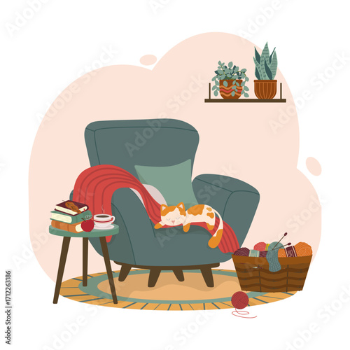 Vector illustration of a cozy scene featuring a cat napping on a comfy armchair. A knitted blanket, books, and yarn basket complete the peaceful setting, perfect for relaxation themes.