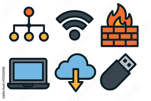 Modern technology icons set including network hierarchy, Wi-Fi signal, firewall protection, USB drive, cloud download, laptop device, bold style vector cartoon illustration