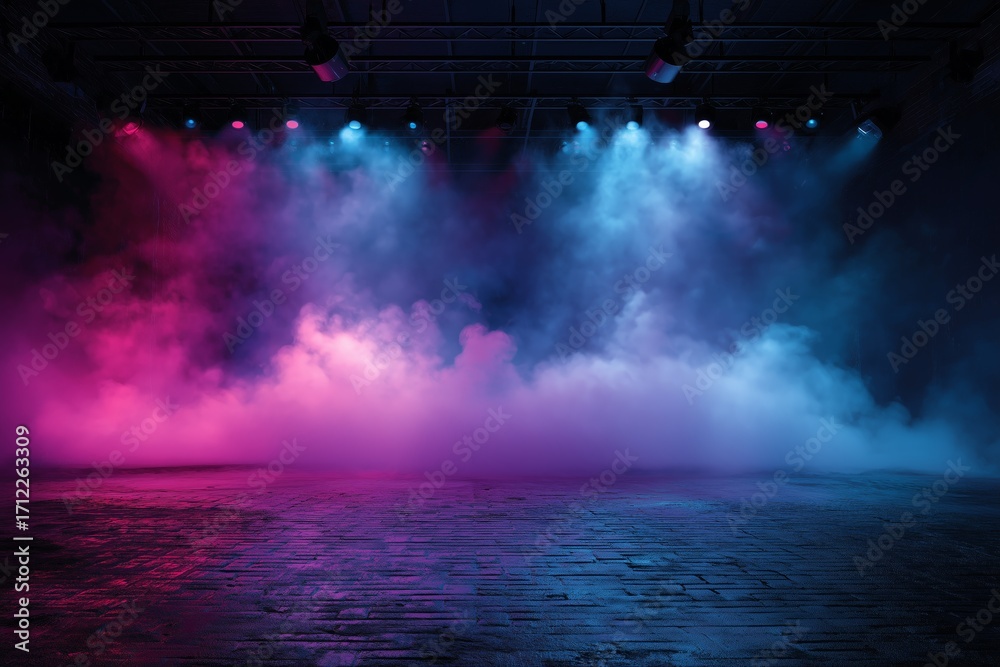 Obraz premium Stage area with empty dark blue, purple, and pink backdrop illuminated by neon lights featuring spotlights