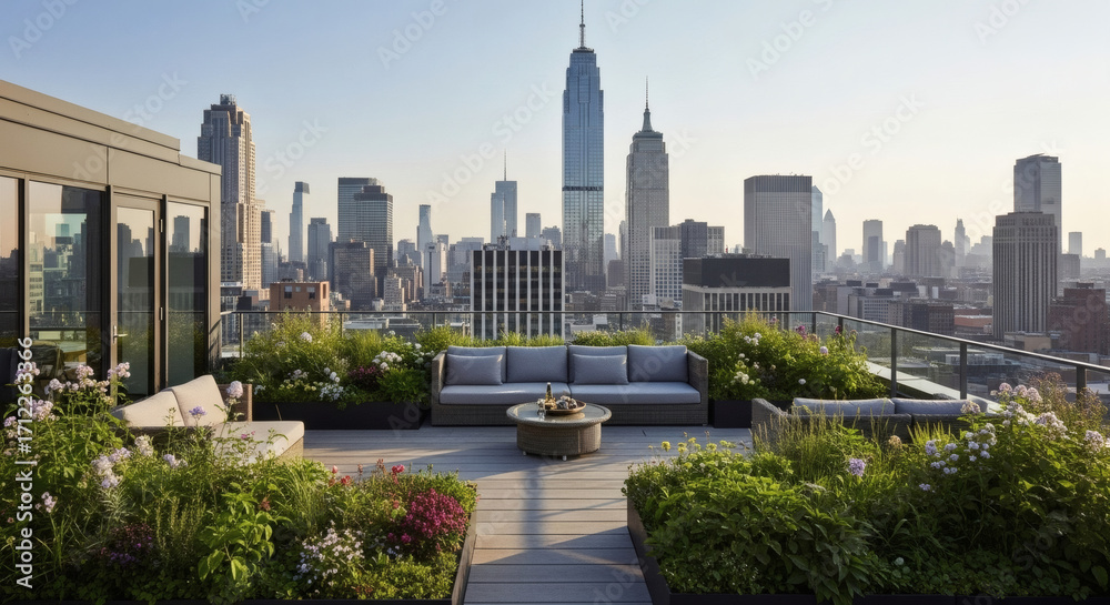 Fototapeta premium City skyline view from rooftop garden with seating and greenery