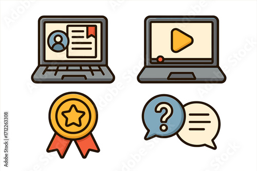 Online learning interface icons set with course profile, video player, achievement badge, and chat question symbols, vector cartoon illustration collection for education technology
