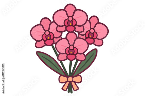 Beautiful pink orchids bouquet icon, flat style vector cartoon illustration with green leaves tied with peach bow, transparent background, floral design, nature symbol