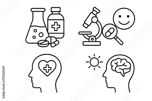 Pharmaceutical research and mental health wellness linear icons, vector illustration with microscope, pills, brain, sun, heart, transparent background, medical and psychological concept set