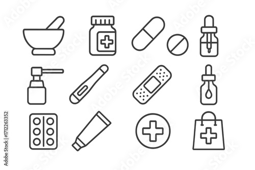 Minimalist Pharmacy and Medicine Icons Set, Vector Linear Design with Transparent Background, Medical Supplies and Healthcare Symbols, Ordered Collection