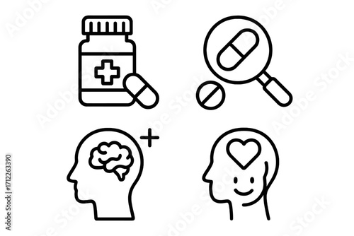 Pharmaceutical research and mental health wellness linear icons set, vector cartoon illustration with transparent background, medicine bottle, pill analysis, brain care and emotional wellbeing symbols