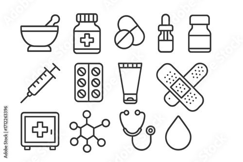 Pharmacy and medicine icons set in minimalist linear design, vector cartoon illustration with transparent background, ordered set of healthcare symbols for medical and pharmaceutical uses