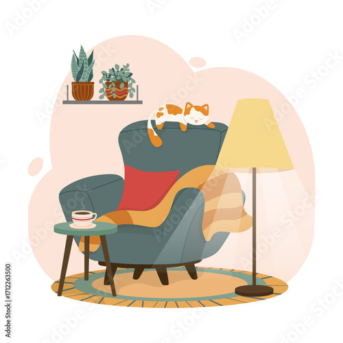Cozy living room scene featuring a cat sleeping on an armchair. Vector illustration includes a warm blanket, a steaming cup on a side table, floor lamp, and potted plants in a serene setting.