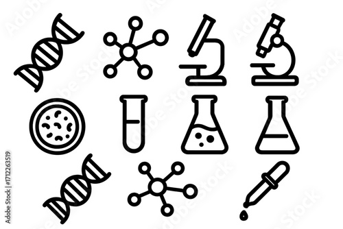 Science and genetics icon set with DNA helix, molecular structure, microscope, petri dish, test tubes, laboratory flask, and dropper in black and white vector cartoon illustration