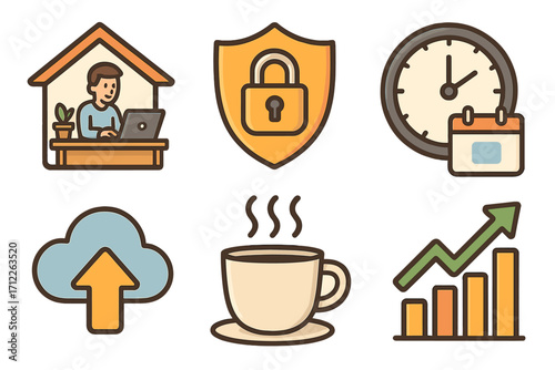 Remote work icon set with home office, security shield, time management clock, cloud storage upload, coffee cup break, and growth chart increase, vector cartoon illustration