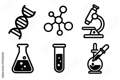 Science and genetics icon set featuring DNA helix, molecular structure, microscope, laboratory flask, test tube, and dropper in black and white simple vector design