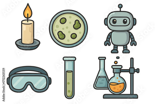 Science icons set with candle flame, petri dish culture, cute robot, protective goggles, test tube sample, laboratory glassware equipment, vector cartoon illustration transparent background
