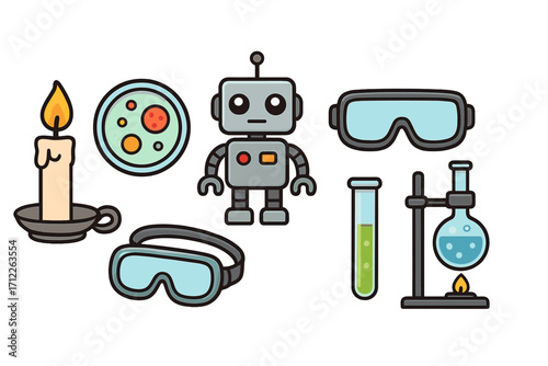 Science icons set with candle, petri dish, robot, goggles, test tube, laboratory equipment, colorful vector cartoon illustration, transparent background, education technology toolkit
