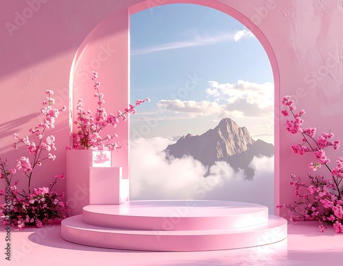 Pink aesthetic podium with cherry blossoms