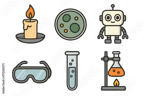 Science icons set vector with candle flame, petri dish culture, cute robot, protective goggles, bubbling test tube, laboratory flask with burner, cartoon illustration transparent background