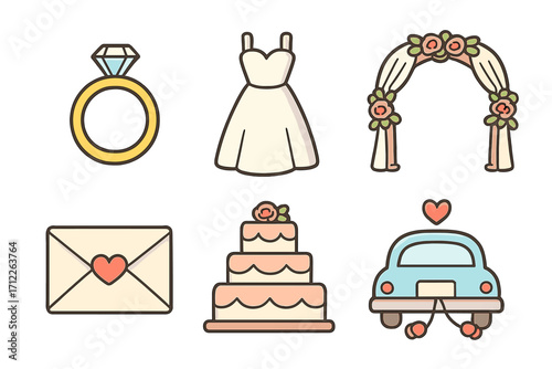 Simple wedding icon set including ring, bridal dress, floral arch, love envelope, tiered cake, and vintage car illustration with a transparent background, romantic vector cartoon