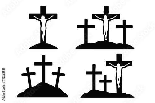 Stone cross icon set with crucifix silhouette, flat style vector illustration, religious Christian symbol, Holy Week and Easter themed graphic, transparent background, ordered design collection