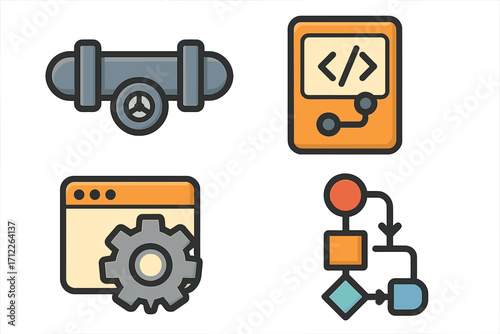 Technology workflow icons set including pipeline valve, code merge, build gear, and process flowchart, colorful vector cartoon illustration, transparent background, ordered design