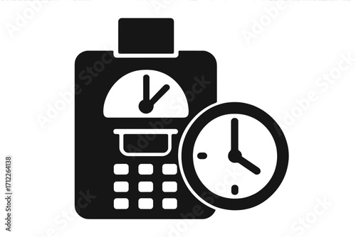 Time clock icon in linear style, vector illustration of workplace attendance device, employee punch card timer, transparent background, office time management symbol