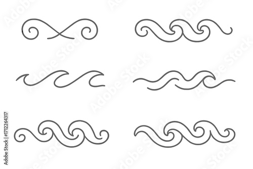 Linear style tsunami wave icons set, water symbol vector illustration, ocean waves design elements with transparent background, marine nature sea graphics, smooth curved shapes
