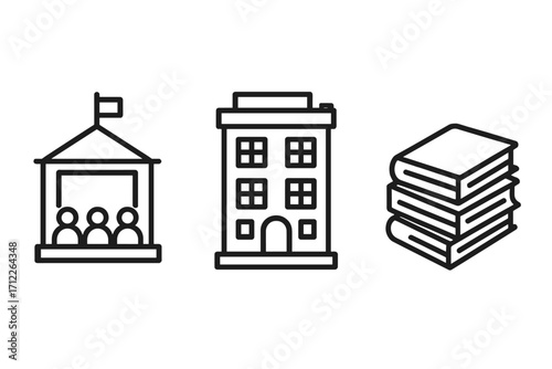 University icon set with lecture hall, student dormitory building, and stacked library books in clean linear outline style, education symbols, campus life, academic vector illustration
